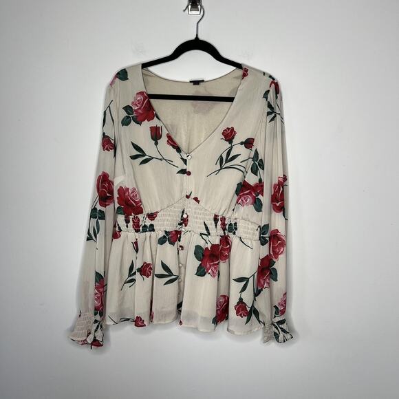 Torrid Blouse Womens 1X Cream Floral Rose V Neck Button Smocked Waist Plus Size - Picture 5 of 10